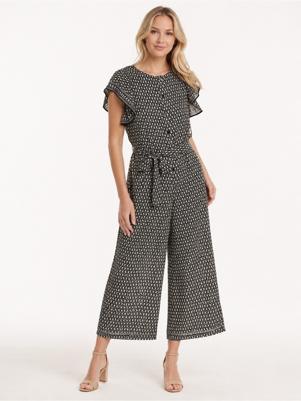 Max Studio Black White Floral Flutter Sleeve Belted Wide Leg Jumpsuit XS